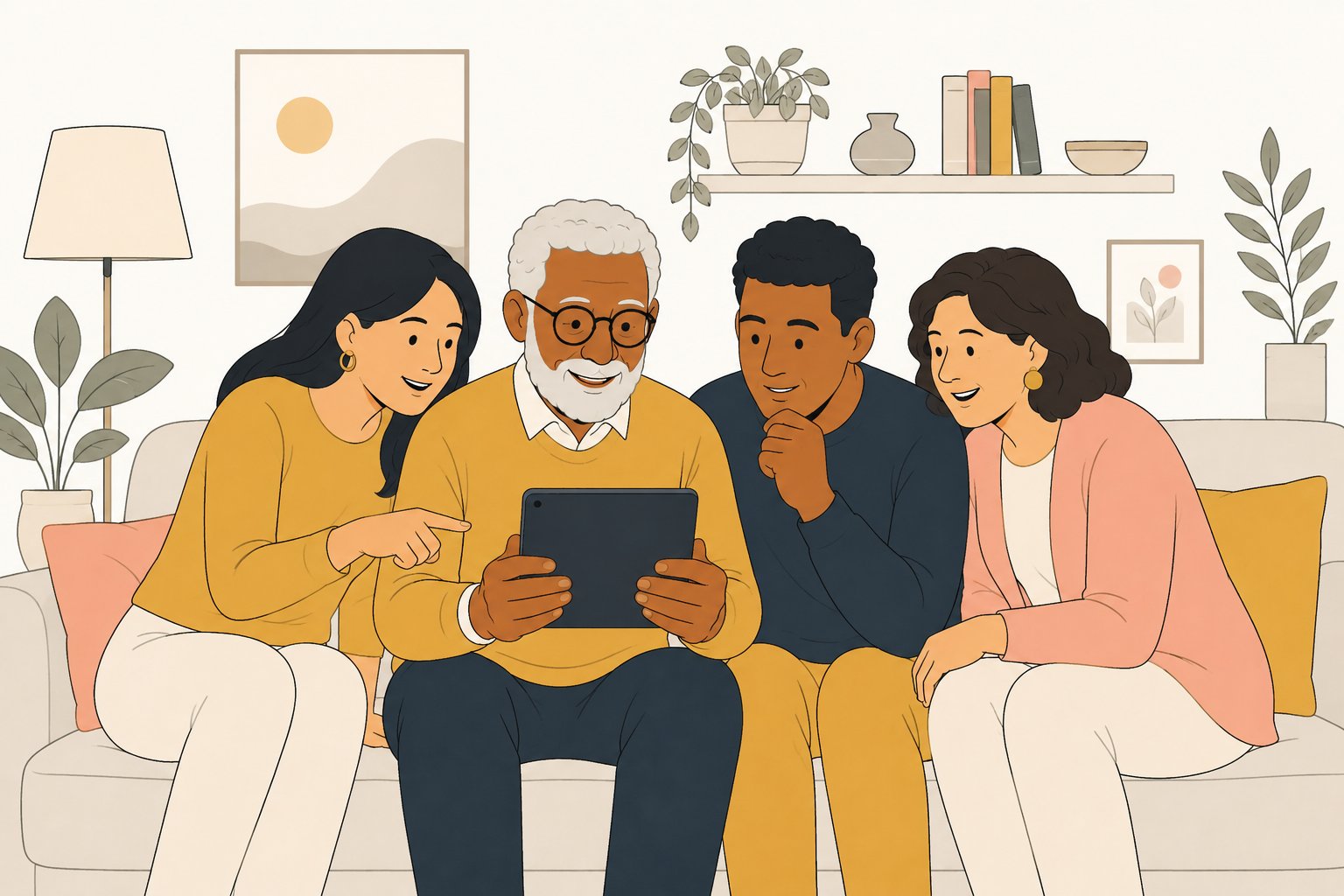 A multigenerational group learning together with a tablet at home