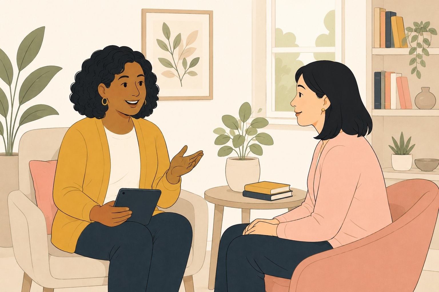 A patient confidently engaging in conversation with her care provider, holding a tablet on her lap